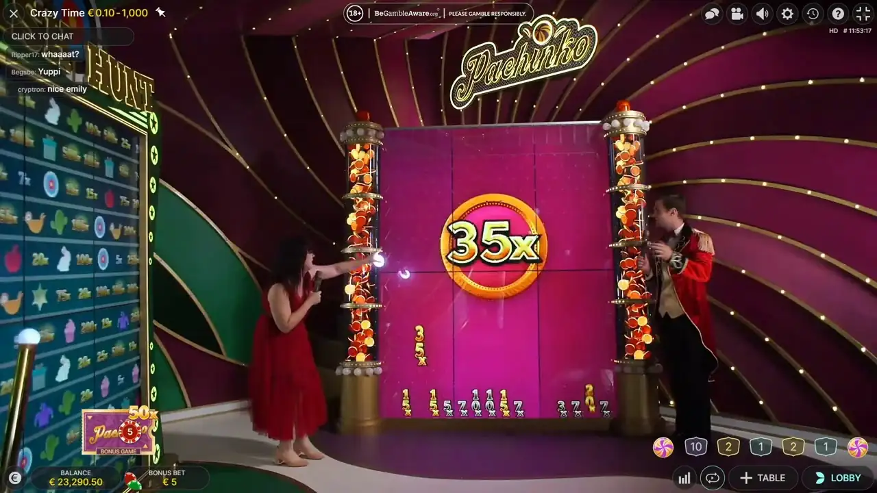 Pachinko bonus win screen showing high Crazy Time volatility